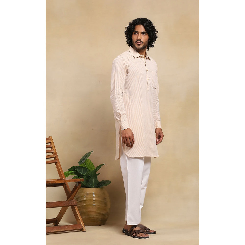 House of Chikankari Crafts Handloom Stripe Men Beige Short Kurta