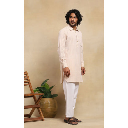 House of Chikankari Crafts Handloom Stripe Men Beige Short Kurta