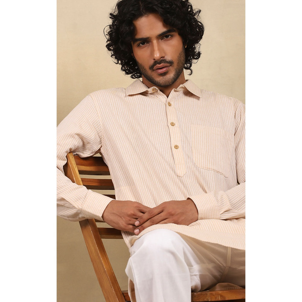 House of Chikankari Crafts Handloom Stripe Men Beige Short Kurta