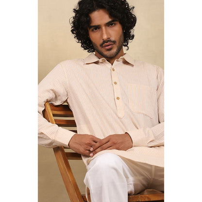 House of Chikankari Crafts Handloom Stripe Men Beige Short Kurta