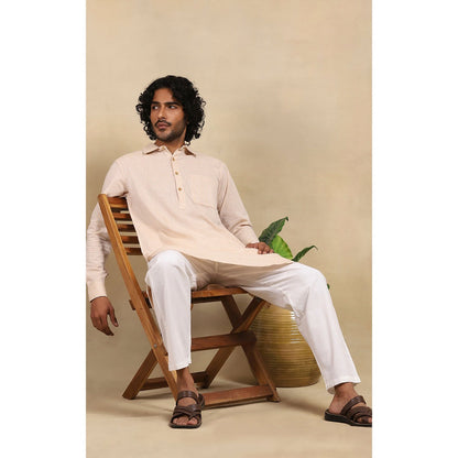 House of Chikankari Crafts Handloom Stripe Men Beige Short Kurta