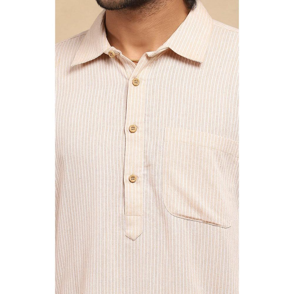 House of Chikankari Crafts Handloom Stripe Men Beige Short Kurta