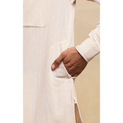 House of Chikankari Crafts Handloom Stripe Men Beige Short Kurta