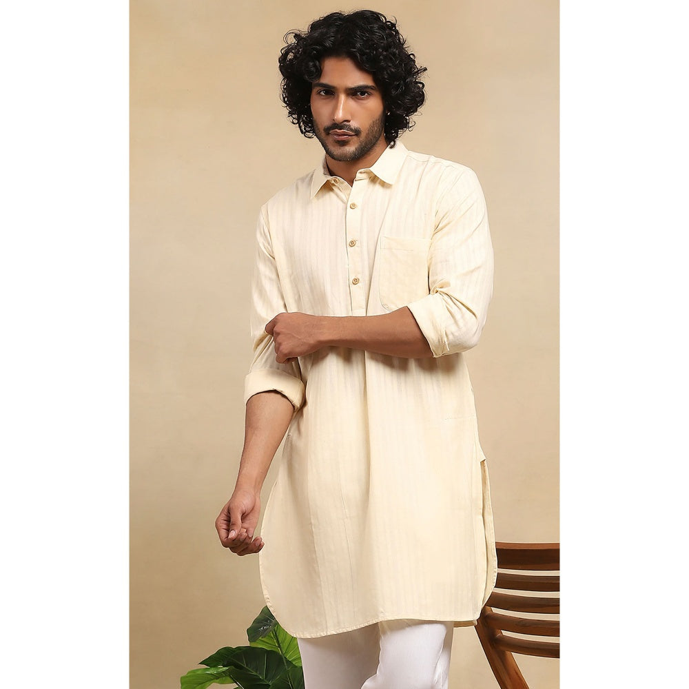 House of Chikankari Crafts Handloom Stripe Men Cream Short Kurta