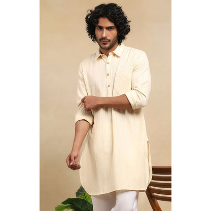 House of Chikankari Crafts Handloom Stripe Men Cream Short Kurta