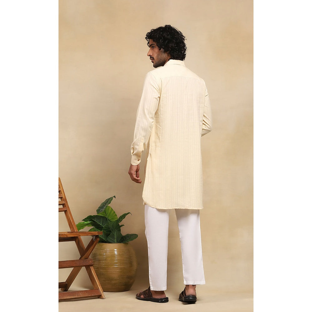 House of Chikankari Crafts Handloom Stripe Men Cream Short Kurta