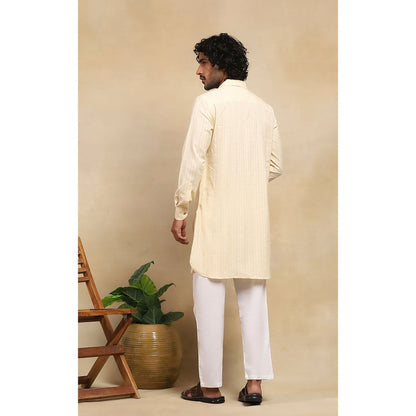 House of Chikankari Crafts Handloom Stripe Men Cream Short Kurta