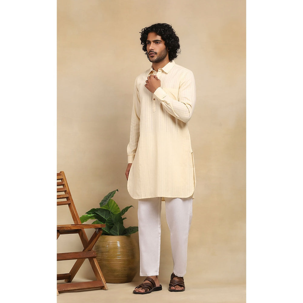 House of Chikankari Crafts Handloom Stripe Men Cream Short Kurta