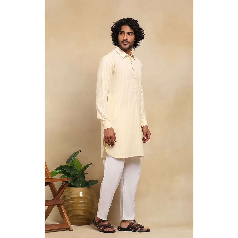 House of Chikankari Crafts Handloom Stripe Men Cream Short Kurta