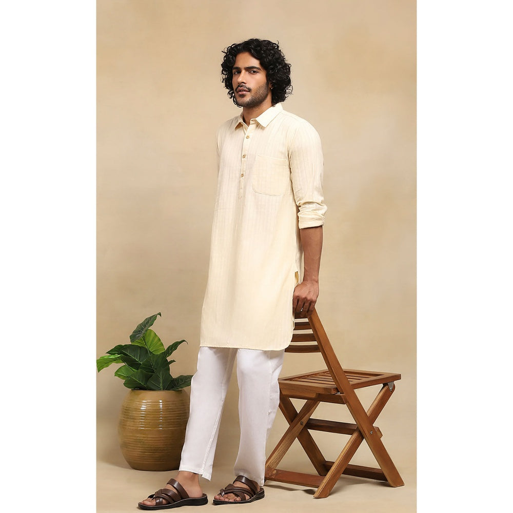 House of Chikankari Crafts Handloom Stripe Men Cream Short Kurta