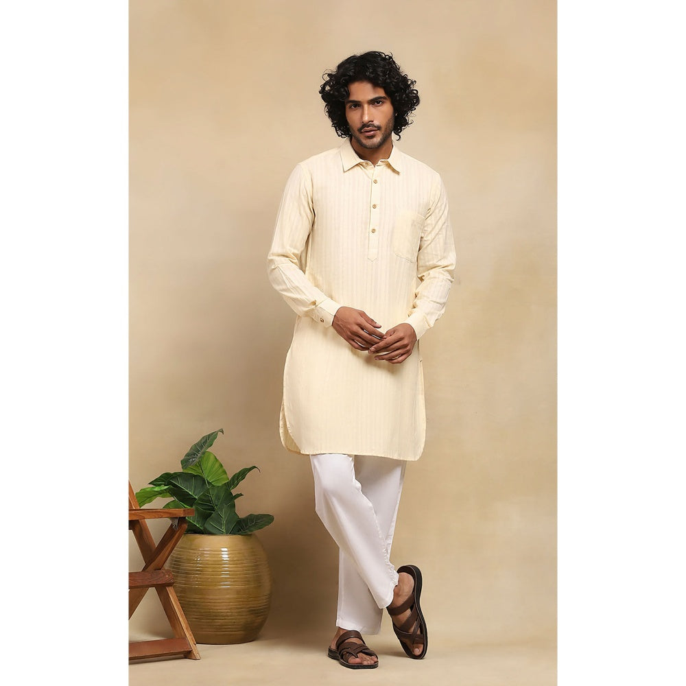 House of Chikankari Crafts Handloom Stripe Men Cream Short Kurta