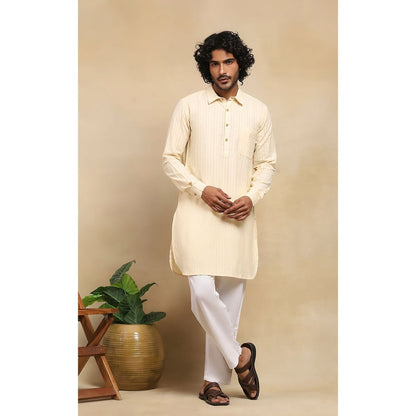House of Chikankari Crafts Handloom Stripe Men Cream Short Kurta