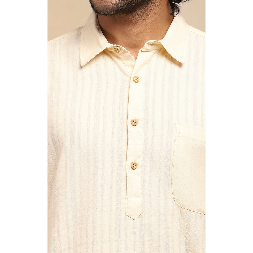 House of Chikankari Crafts Handloom Stripe Men Cream Short Kurta