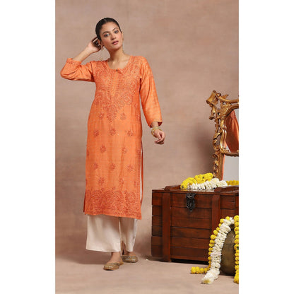 House of Chikankari Chanderi Chikankari Womens Long Kurta- Orange