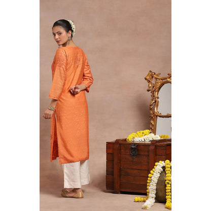 House of Chikankari Chanderi Chikankari Womens Long Kurta- Orange