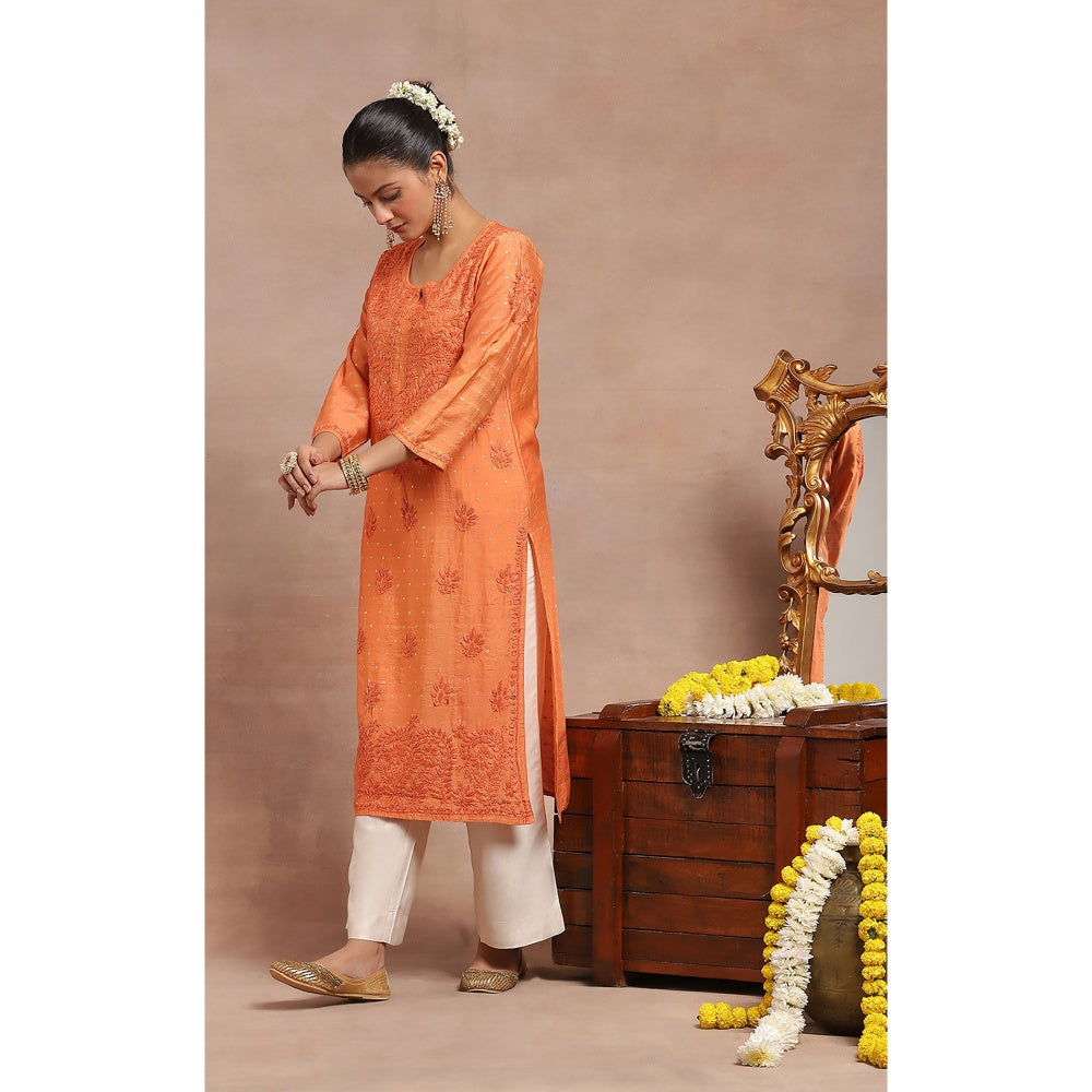 House of Chikankari Chanderi Chikankari Womens Long Kurta- Orange
