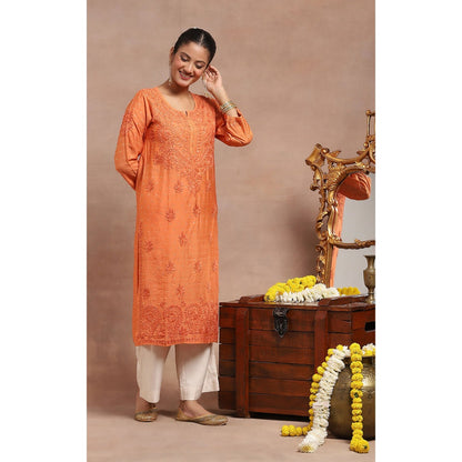 House of Chikankari Chanderi Chikankari Womens Long Kurta- Orange