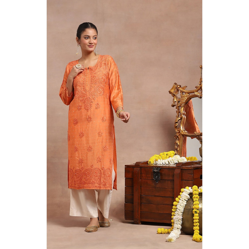 House of Chikankari Chanderi Chikankari Womens Long Kurta- Orange