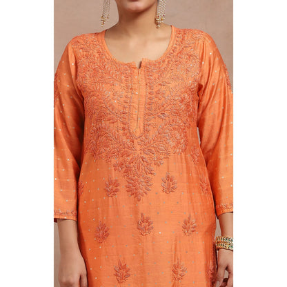 House of Chikankari Chanderi Chikankari Womens Long Kurta- Orange