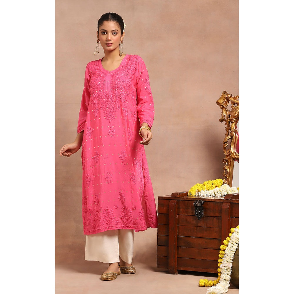 House of Chikankari Chanderi Chikankari Womens Long Kurta- Dark Pink