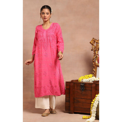 House of Chikankari Chanderi Chikankari Womens Long Kurta- Dark Pink