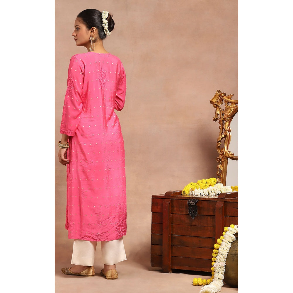 House of Chikankari Chanderi Chikankari Womens Long Kurta- Dark Pink