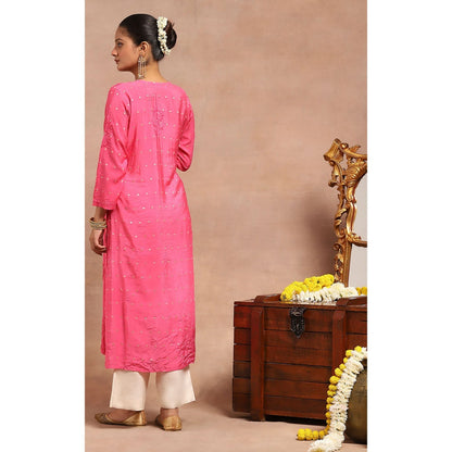 House of Chikankari Chanderi Chikankari Womens Long Kurta- Dark Pink