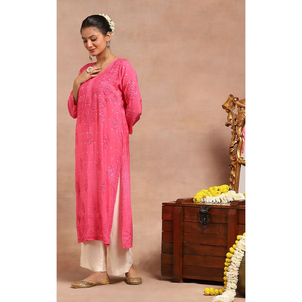 House of Chikankari Chanderi Chikankari Womens Long Kurta- Dark Pink