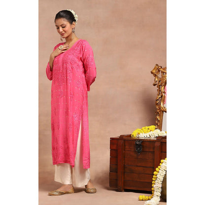 House of Chikankari Chanderi Chikankari Womens Long Kurta- Dark Pink