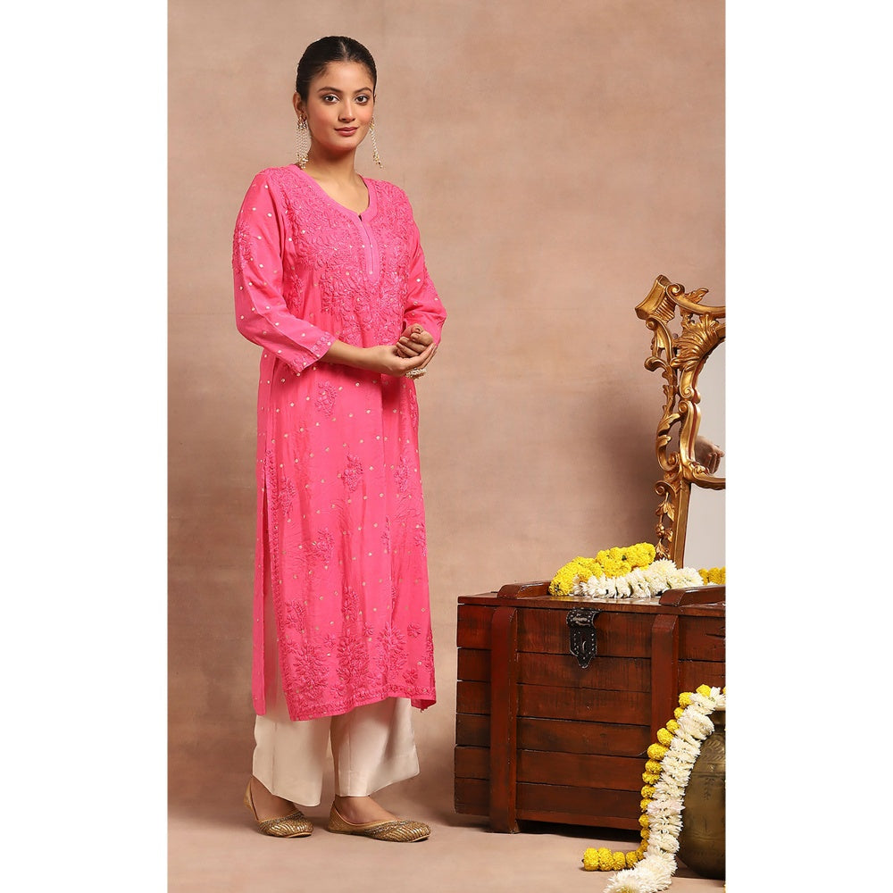 House of Chikankari Chanderi Chikankari Womens Long Kurta- Dark Pink