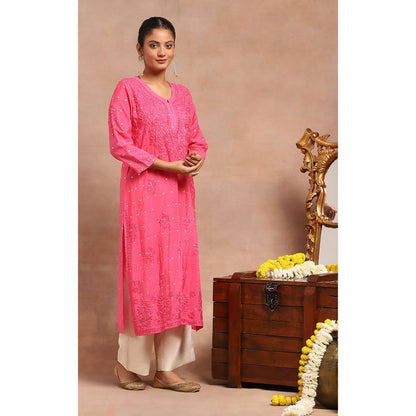 House of Chikankari Chanderi Chikankari Womens Long Kurta- Dark Pink
