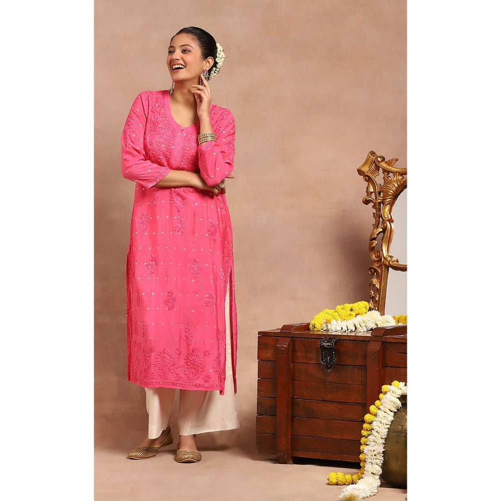 House of Chikankari Chanderi Chikankari Womens Long Kurta- Dark Pink