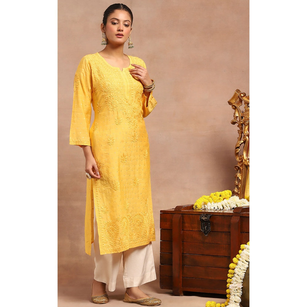 House of Chikankari Chanderi Chikankari Womens Long Kurta- Yellow
