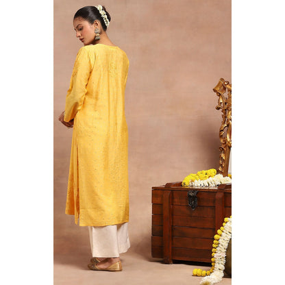 House of Chikankari Chanderi Chikankari Womens Long Kurta- Yellow