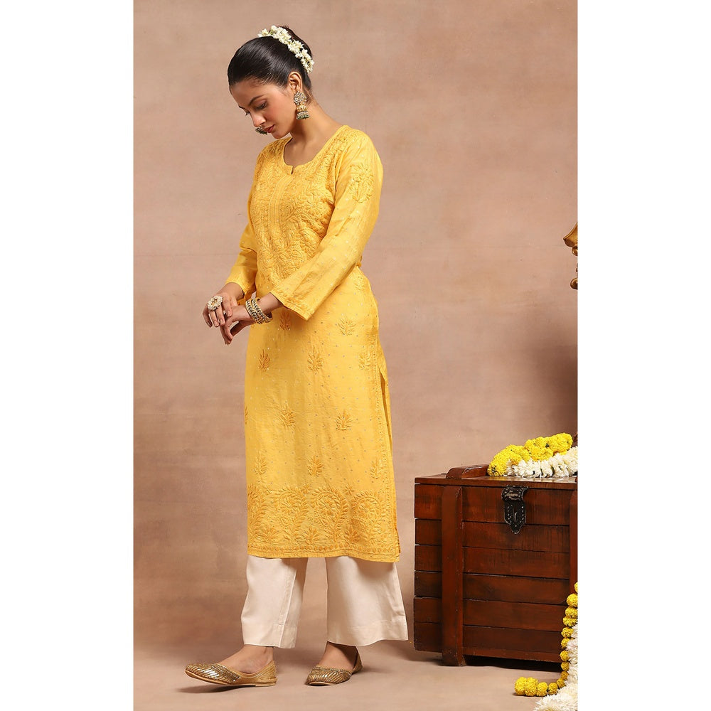 House of Chikankari Chanderi Chikankari Womens Long Kurta- Yellow