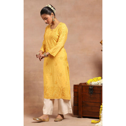 House of Chikankari Chanderi Chikankari Womens Long Kurta- Yellow