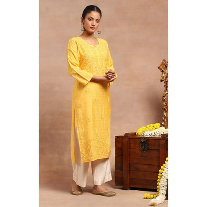 House of Chikankari Chanderi Chikankari Womens Long Kurta- Yellow