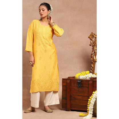 House of Chikankari Chanderi Chikankari Womens Long Kurta- Yellow
