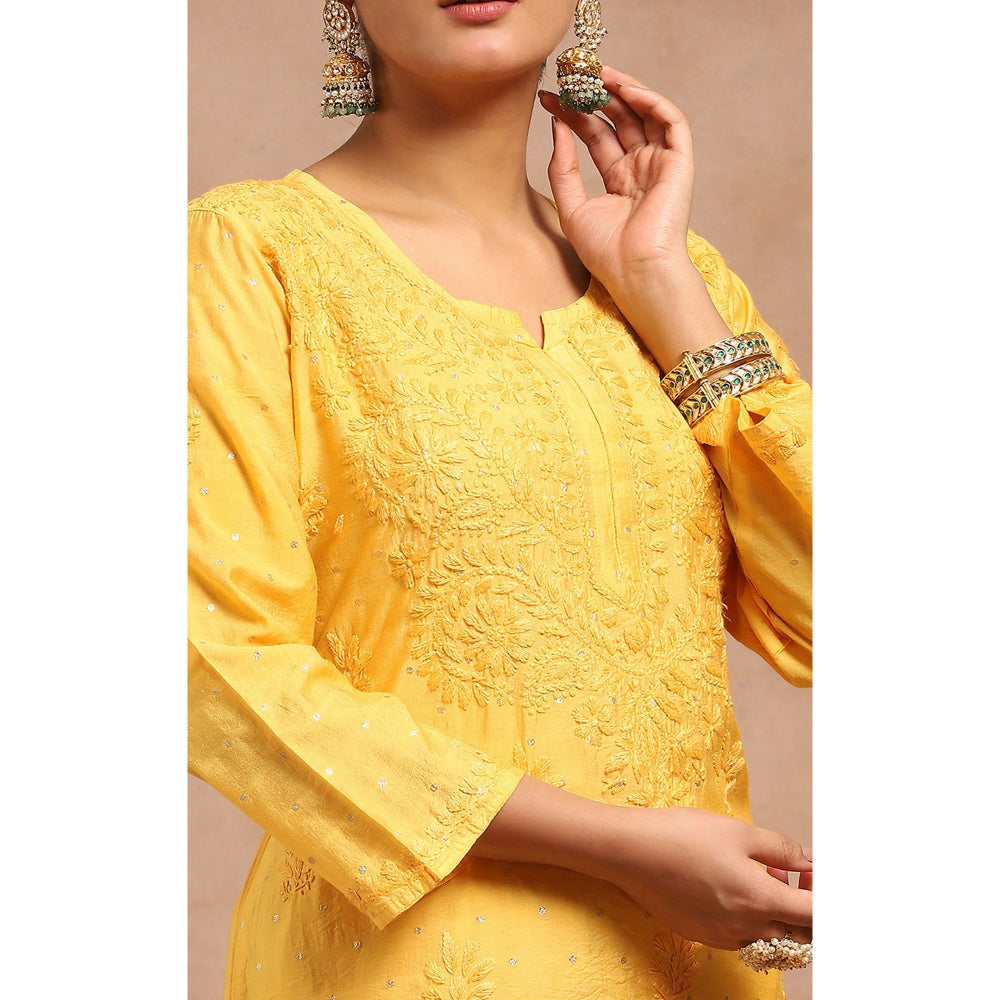 House of Chikankari Chanderi Chikankari Womens Long Kurta- Yellow