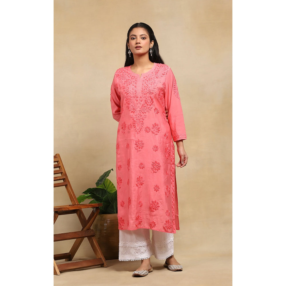 House of Chikankari Chanderi Chikankari Womens Long Kurta- Light Pink