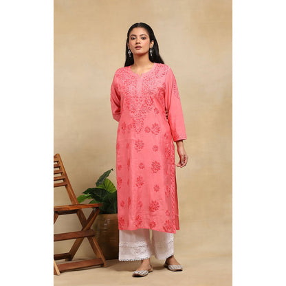 House of Chikankari Chanderi Chikankari Womens Long Kurta- Light Pink