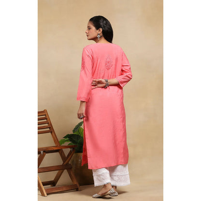 House of Chikankari Chanderi Chikankari Womens Long Kurta- Light Pink
