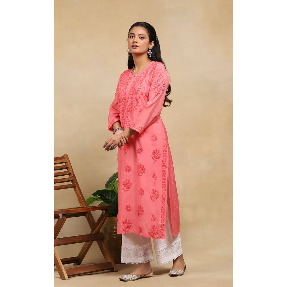 House of Chikankari Chanderi Chikankari Womens Long Kurta- Light Pink