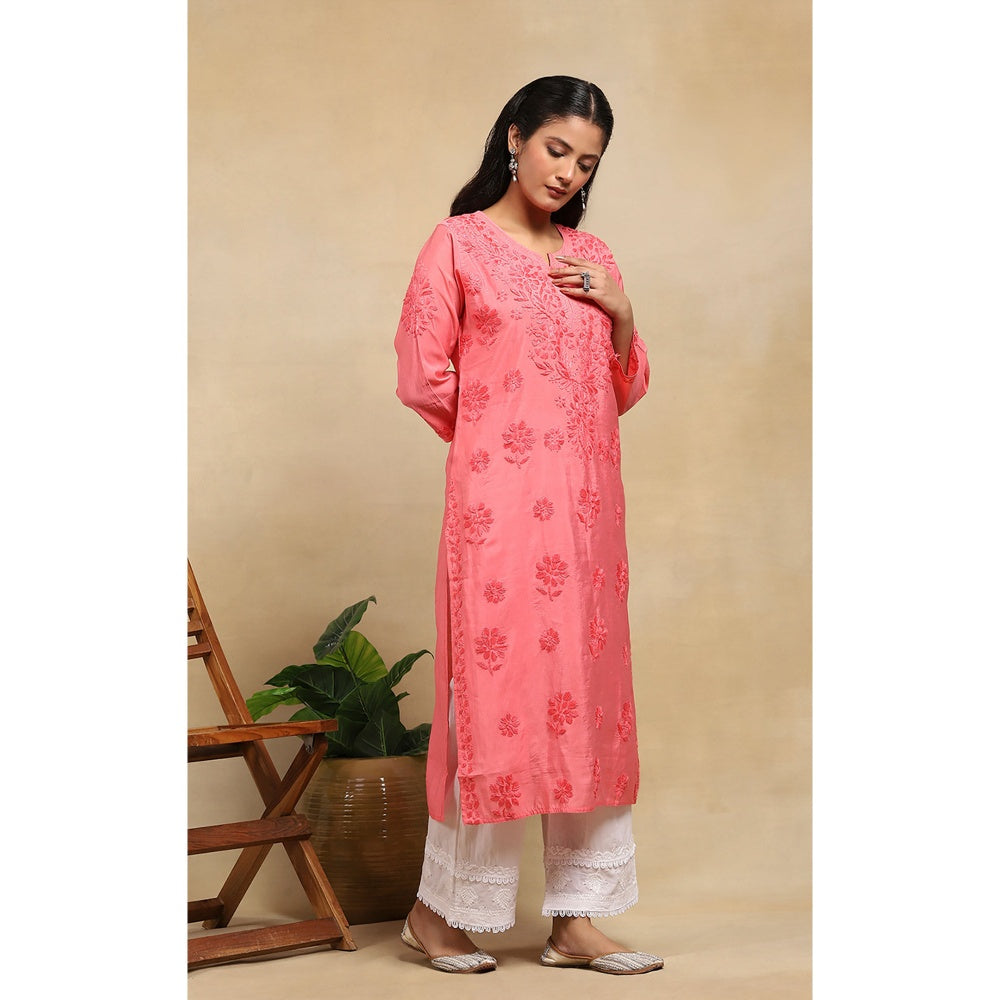House of Chikankari Chanderi Chikankari Womens Long Kurta- Light Pink