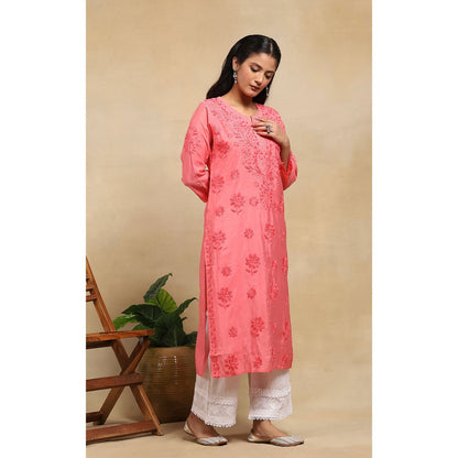 House of Chikankari Chanderi Chikankari Womens Long Kurta- Light Pink