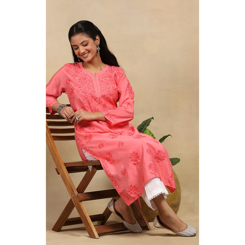 House of Chikankari Chanderi Chikankari Womens Long Kurta- Light Pink