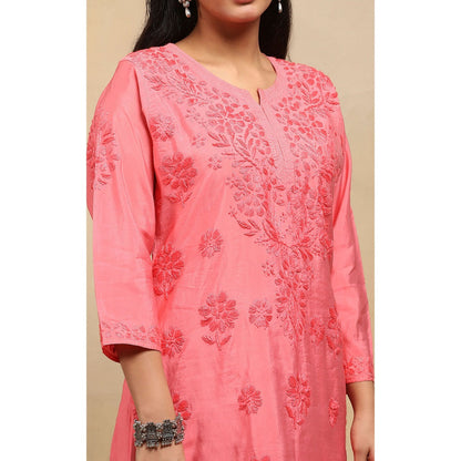 House of Chikankari Chanderi Chikankari Womens Long Kurta- Light Pink