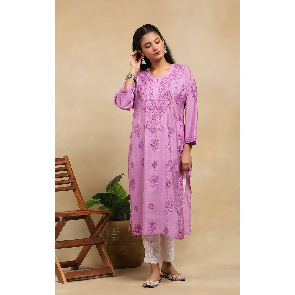 House of Chikankari Chanderi Chikankari Womens Long Kurta- Purple