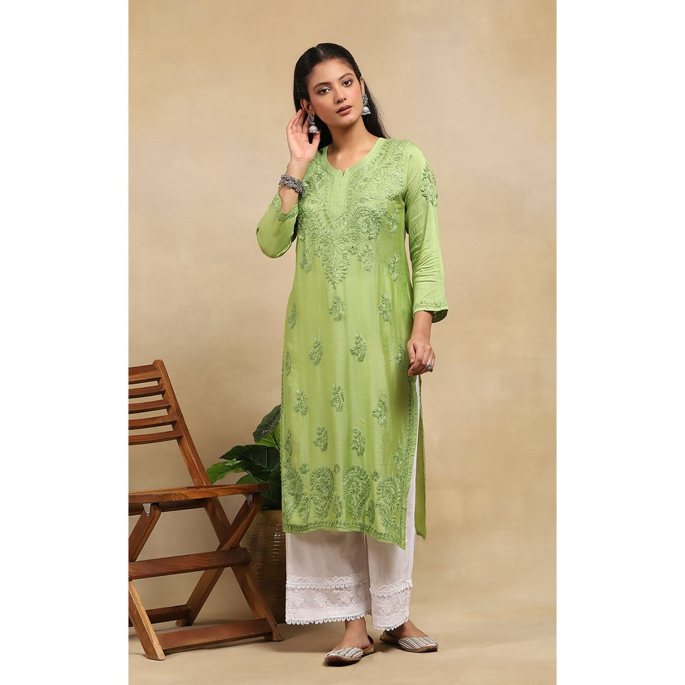 House of Chikankari Chanderi Chikankari Womens Long Kurta- Light Green
