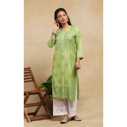 House of Chikankari Chanderi Chikankari Womens Long Kurta- Light Green
